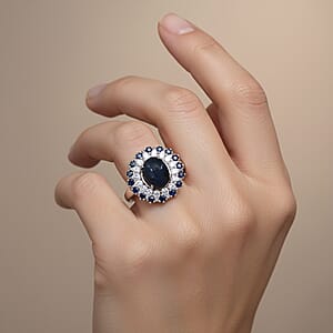 D'Joy Premium Blue Star Sapphire (DF) and Multi Gemstone 6.20 ctw Royal Double Halo Ring in Rhodium Over Sterling Silver (Size 6.0)