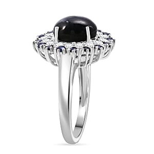 D'Joy Premium Blue Star Sapphire (DF) and Multi Gemstone 6.20 ctw Royal Double Halo Ring in Rhodium Over Sterling Silver (Size 8.0)