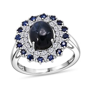 D'Joy Premium Blue Star Sapphire (DF) and Multi Gemstone 6.20 ctw Royal Double Halo Ring in Rhodium Over Sterling Silver (Size 9.0)