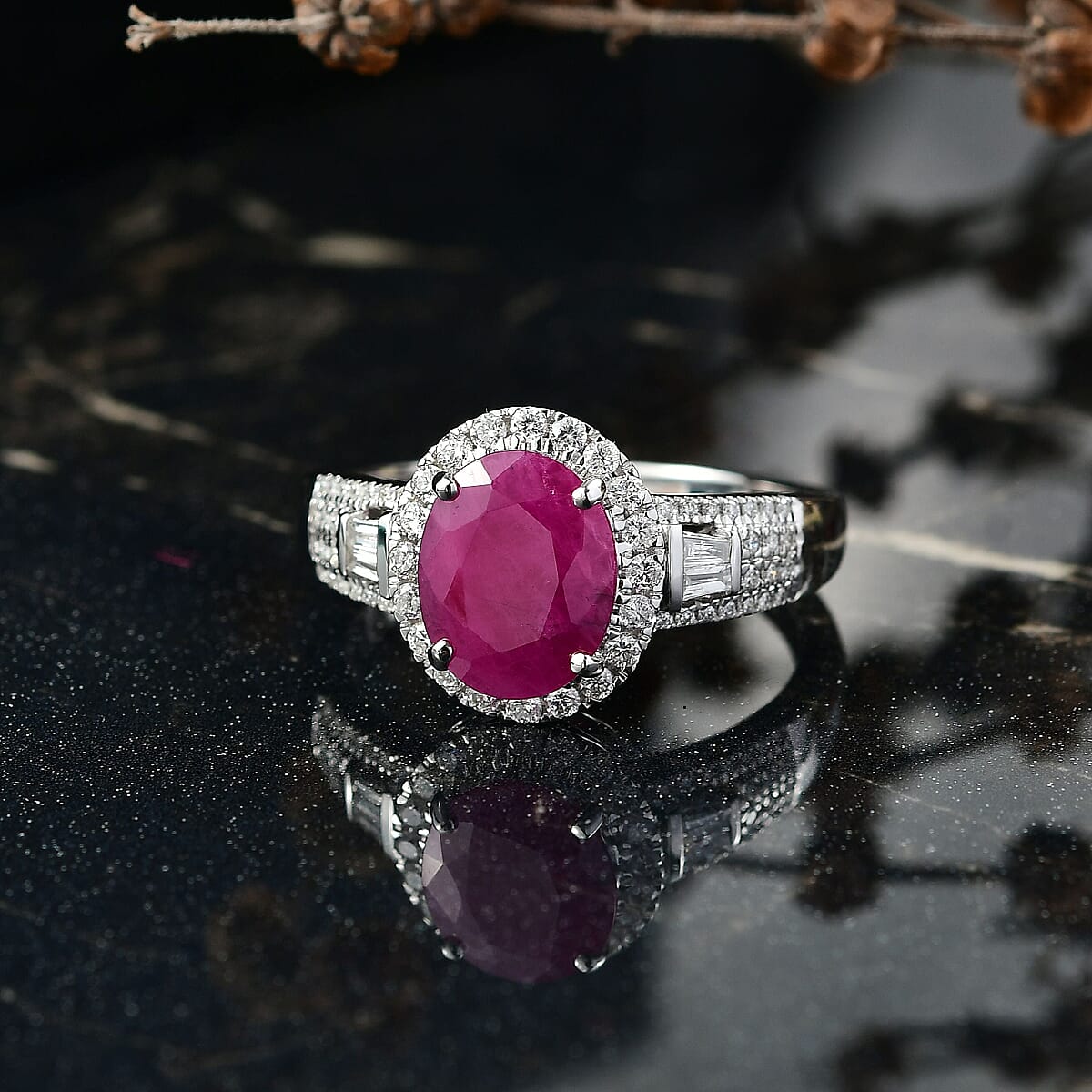 Luxoro 10K White Gold AAA Montepuez Ruby, Diamond (G-H, I2) (0.55 cts) Ring (Size 6.0) (4.29 g) 3.52 ctw image number 1
