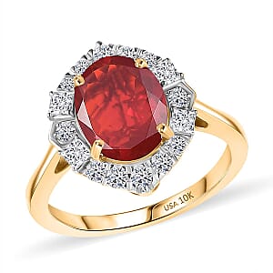 10K Yellow Gold AAAA Salamanca Fire Opal, Luxuriant Lab Grown Diamond (G-H, SI) Ring 2.21 ctw