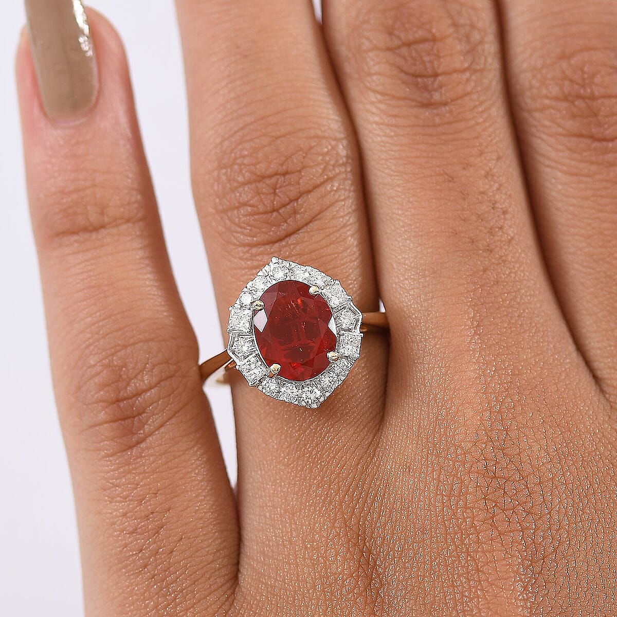 10K Yellow Gold AAAA Salamanca Fire Opal, Luxuriant Lab Grown Diamond (G-H, SI) Ring 2.21 ctw image number 2