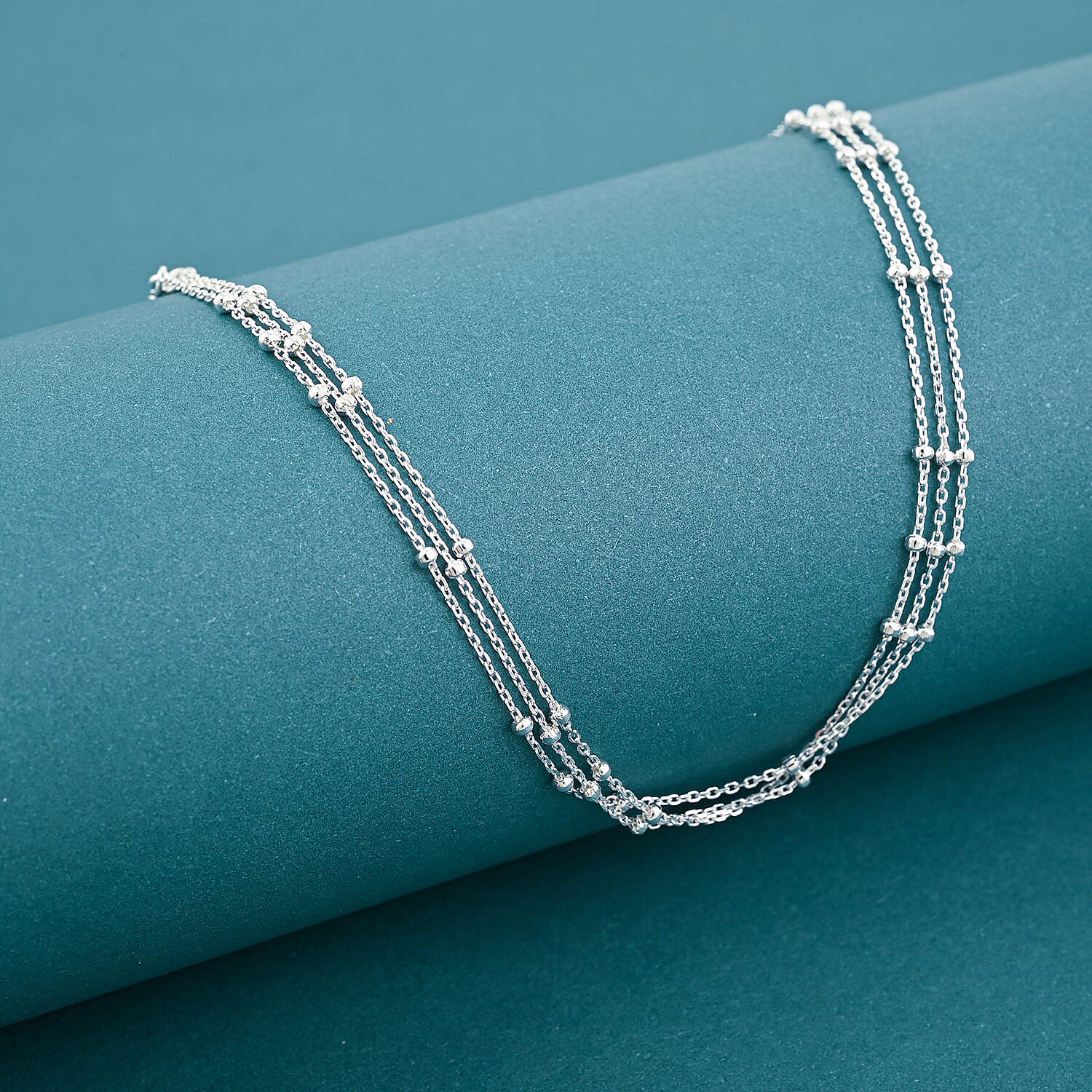Sterling Silver 3 Row Station Necklace (24 Inches) (3 Grams)