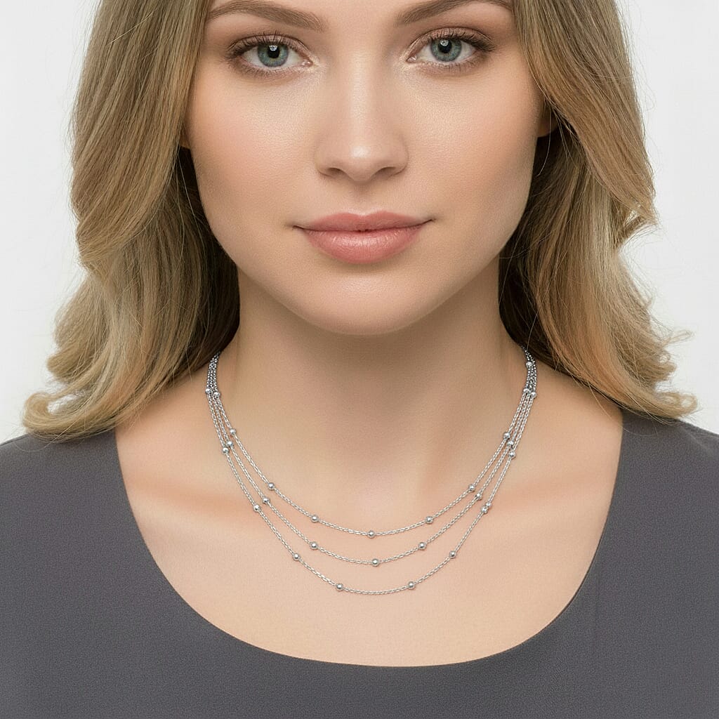Sterling Silver 3 Row Station Necklace (24 Inches) (3 Grams)