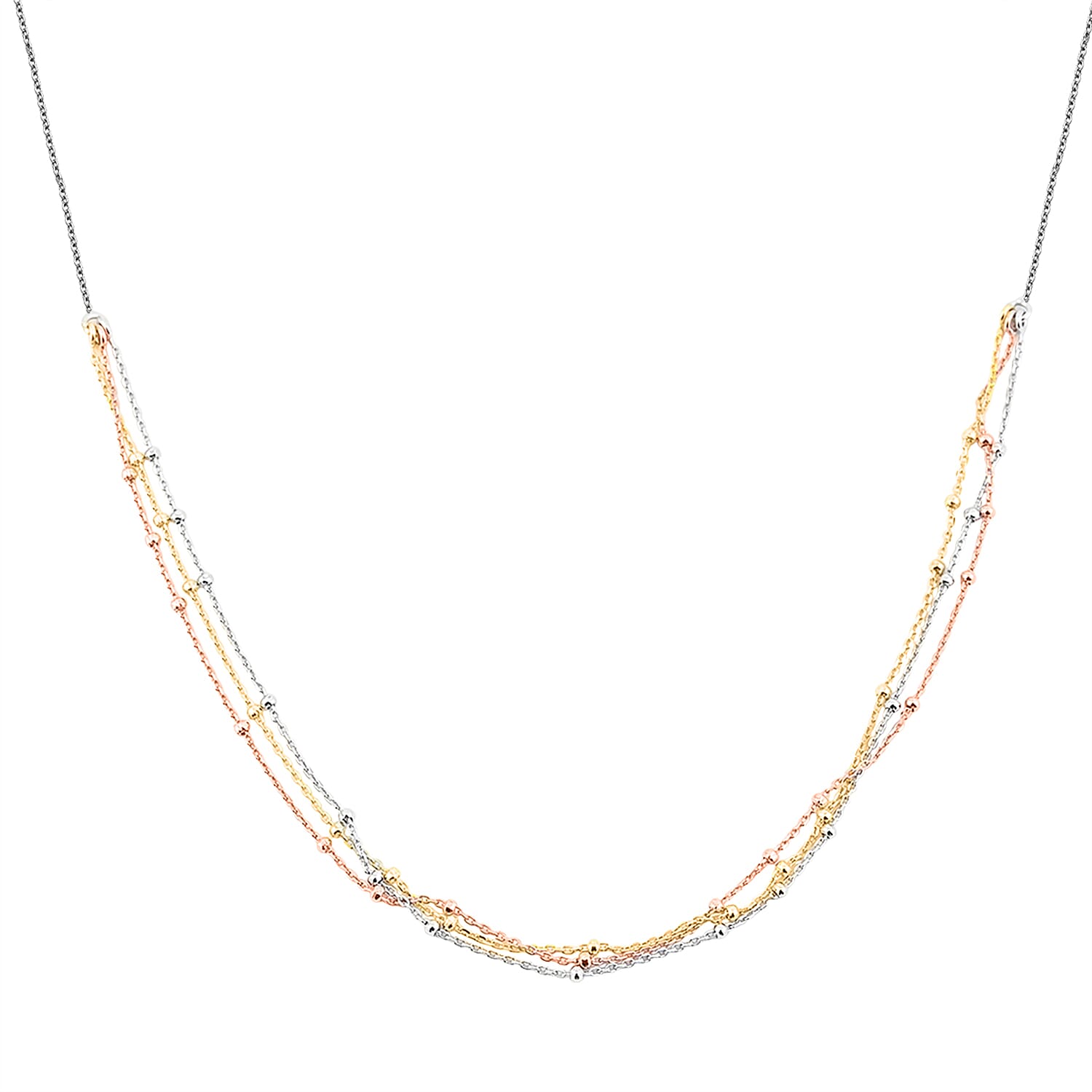 14K YRG Over Sterling Silver 3 Row Station Necklace (24 Inches) (3 Grams)
