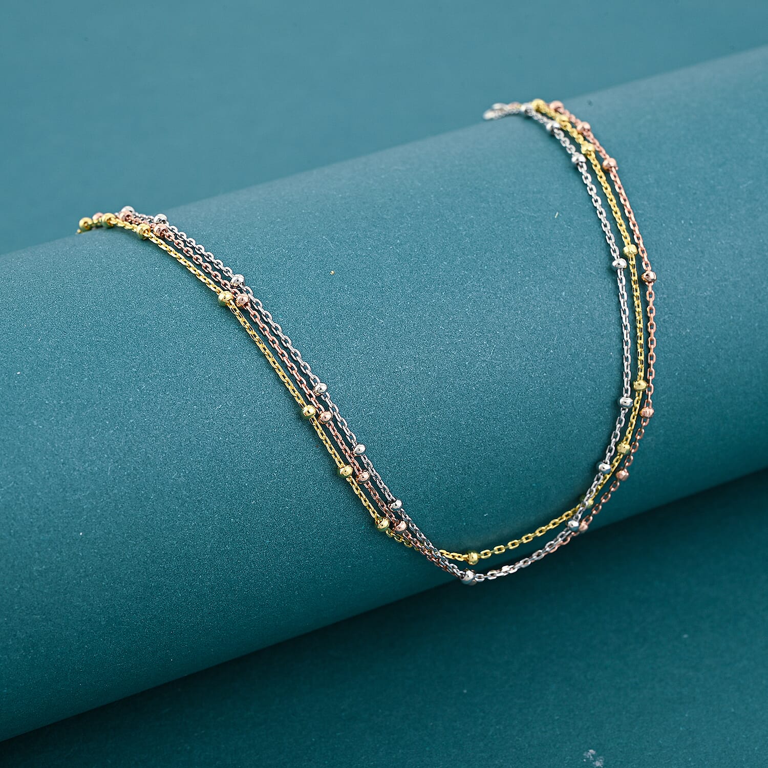 14K YRG Over Sterling Silver 3 Row Station Necklace (24 Inches) (3 Grams)