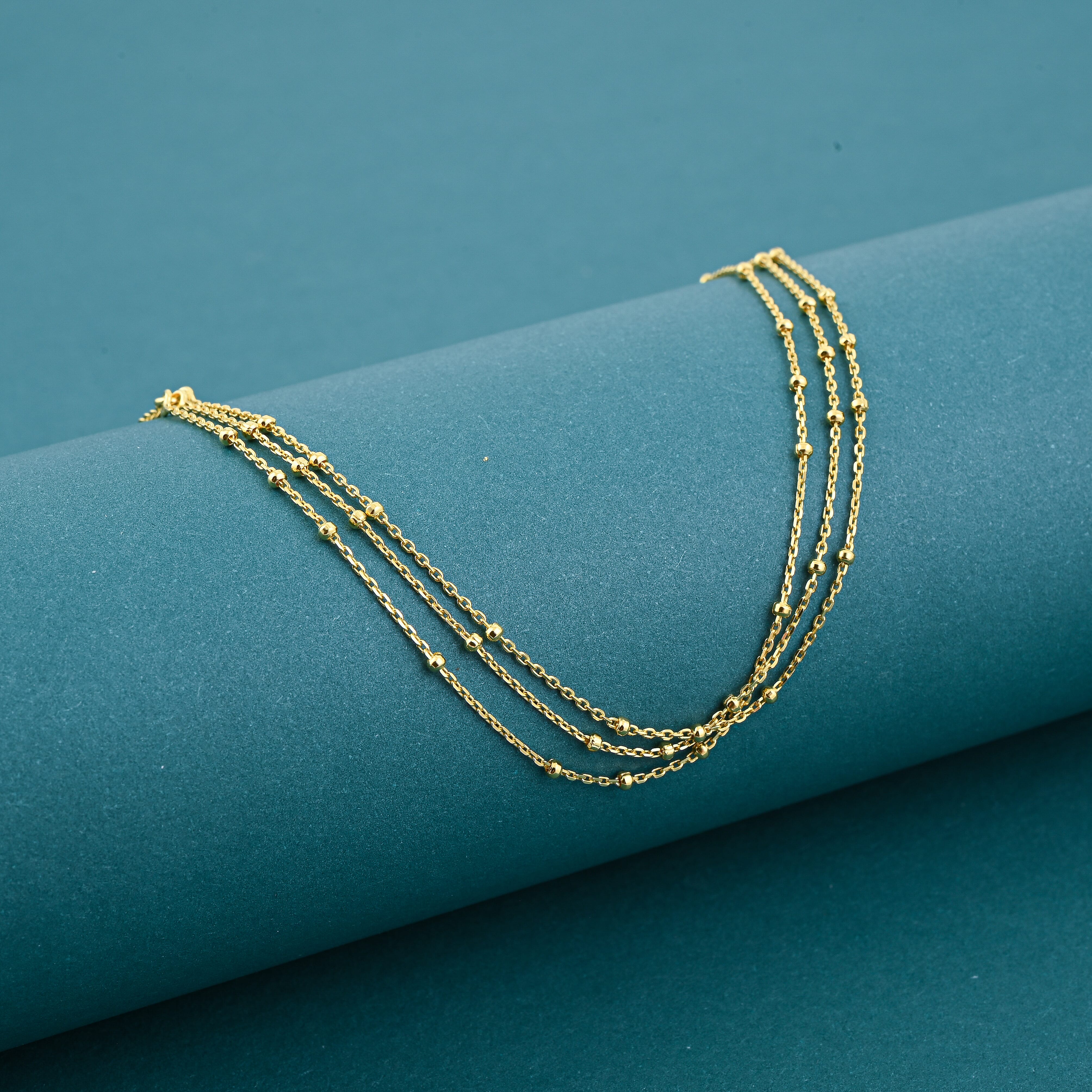 14K YG Over Sterling Silver 3 Row Station Necklace (24 Inches) (3.40 Grams)