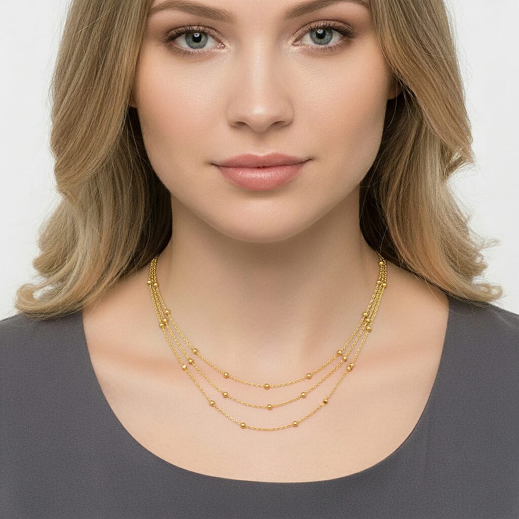 14K YG Over Sterling Silver 3 Row Station Necklace (24 Inches) (3.40 Grams)