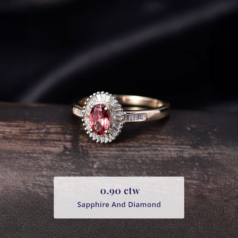 Luxoro Padparadscha Sapphire, Diamond Sunburst Ring in 10K Yellow Gold 0.90 ctw (Size 6.0)