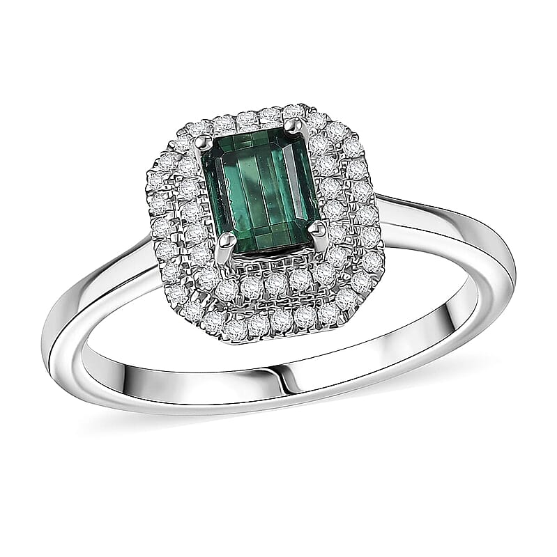 D'Joy  Pirineu Lagoon Tourmaline, Moissanite Ring in Rhodium Over Sterling Silver 1.25 ctw (Size 6.0)