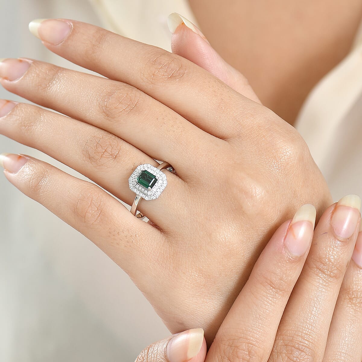 D'Joy Premium Pirineu Lagoon Tourmaline and Moissanite 1.25 ctw Ring in Rhodium Over Sterling Silver (Size 6.0) image number 2