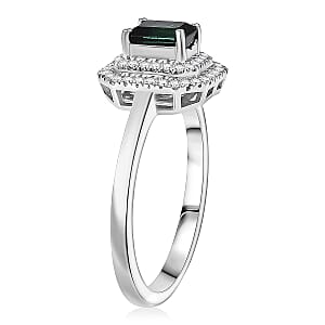 D'Joy  Pirineu Lagoon Tourmaline, Moissanite Ring in Rhodium Over Sterling Silver 1.25 ctw (Size 6.0)