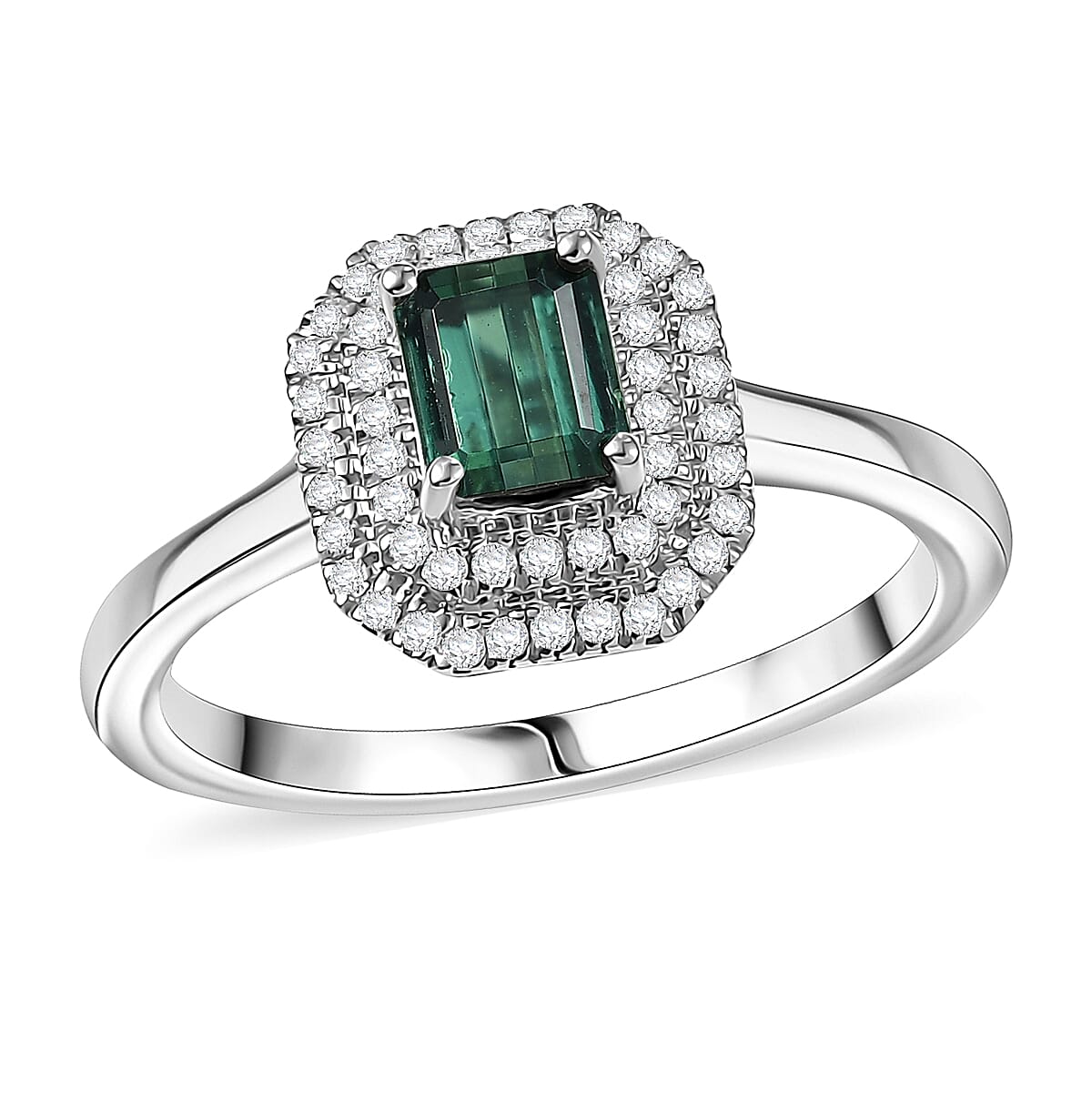 D'Joy Premium Pirineu Lagoon Tourmaline, Moissanite Ring in Rhodium Over Sterling Silver (Size 6.0) 1.25 ctw