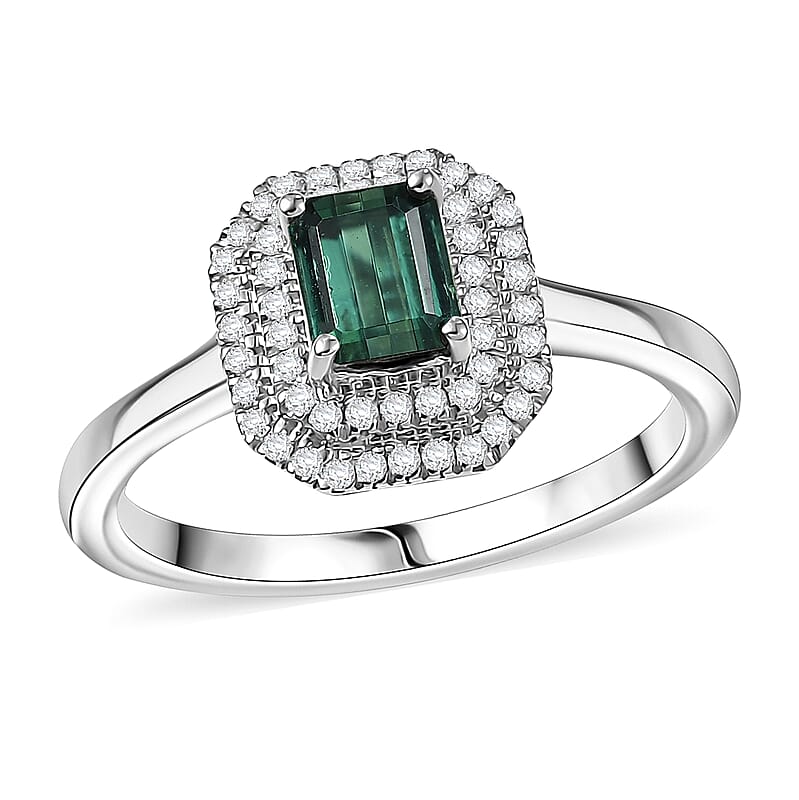 D'Joy  Pirineu Lagoon Tourmaline, Moissanite Ring in Rhodium Over Sterling Silver 1.25 ctw (Size 8.0)