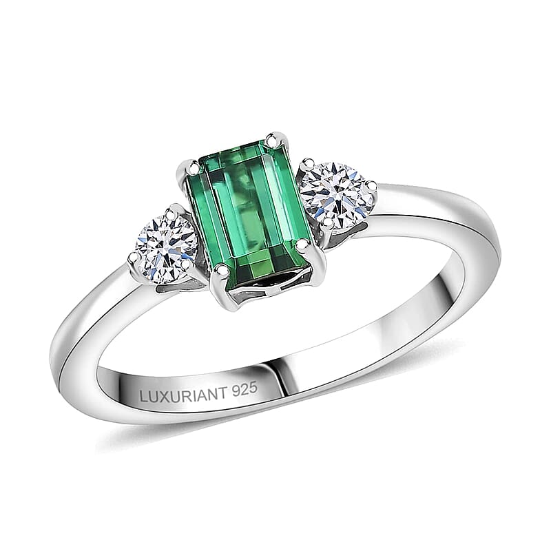 Pirineu Lagoon Tourmaline, Lab Grown Diamond Ring in Rhodium Over Sterling Silver 1.00 ctw (Size 6.0)