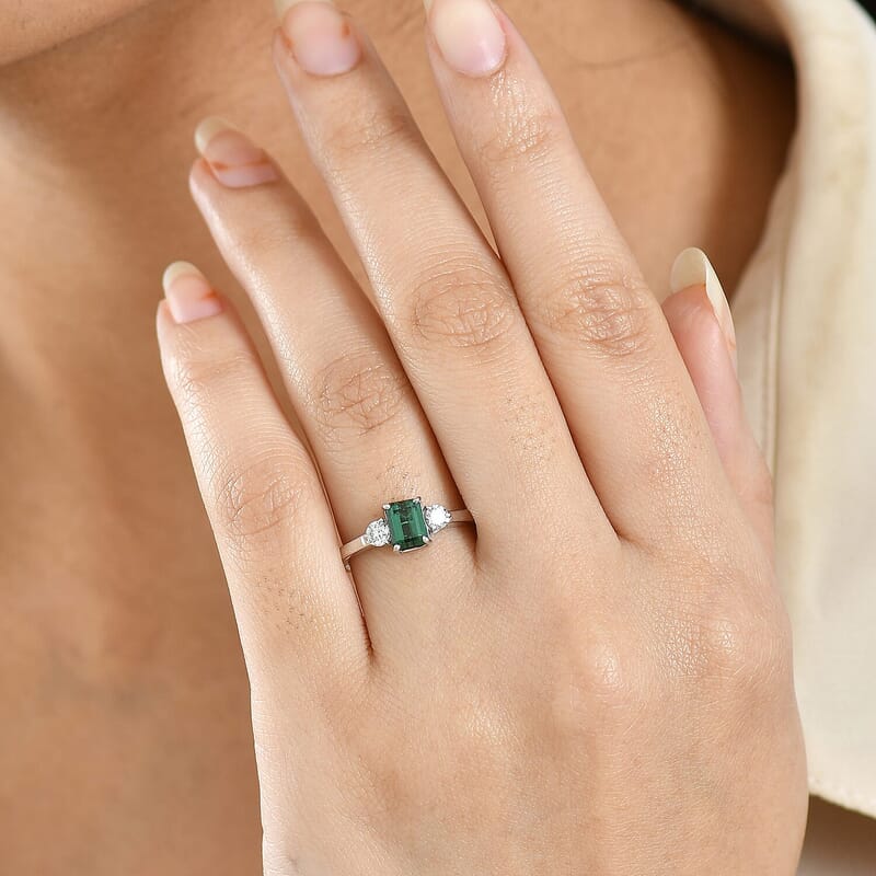 Pirineu Lagoon Tourmaline, Lab Grown Diamond Ring in Rhodium Over Sterling Silver 1.00 ctw (Size 6.0)