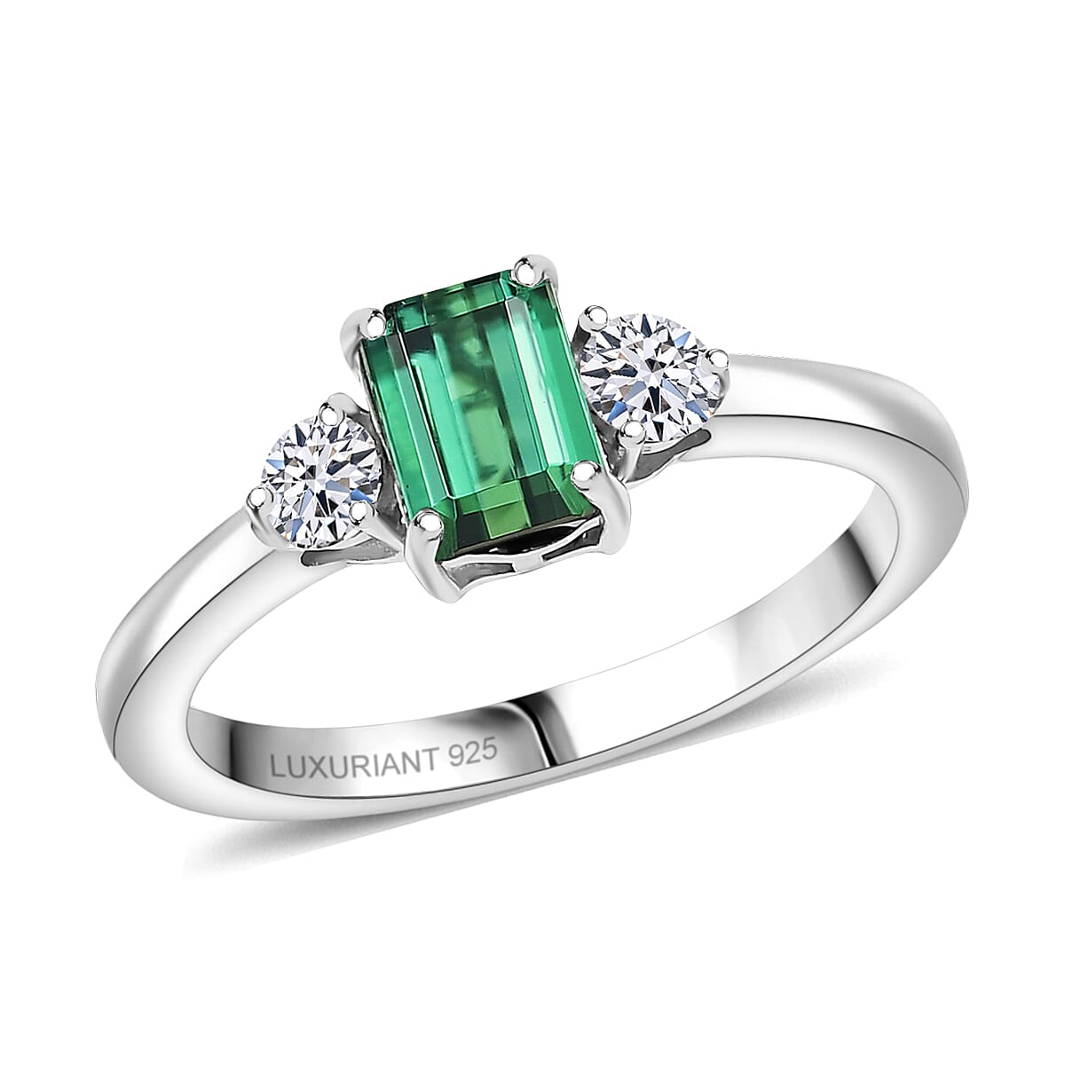 Premium Pirineu Lagoon Tourmaline, Luxuriant Lab Grown Diamond (G-H, SI) (0.25 cts) Ring in Rhodium Over Sterling Silver (Size 6.0) 1.00 ctw