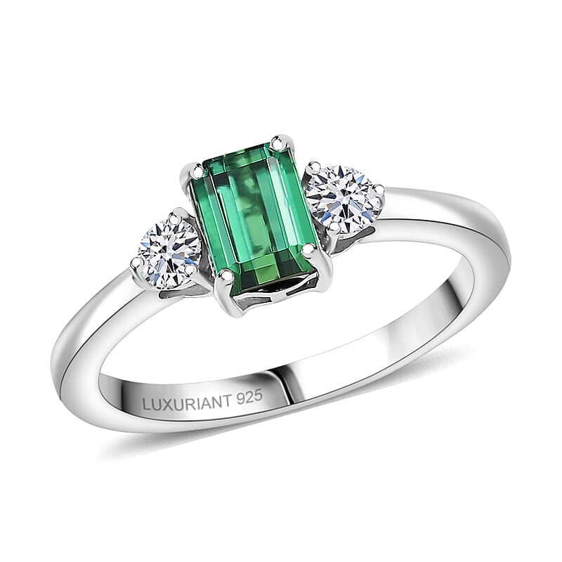 Pirineu Lagoon Tourmaline, Lab Grown Diamond Ring in Rhodium Over Sterling Silver 1.00 ctw (Size 9.0)