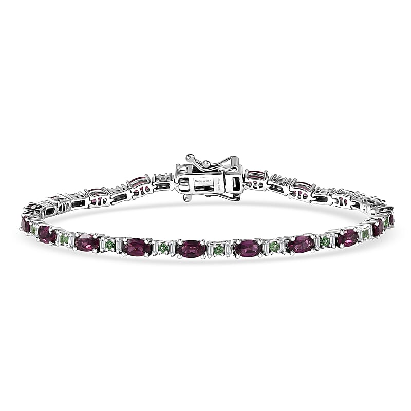 D'Joy Premium Radiant Ember Garnet and Multi Gemstone 6.85 ctw Garden Link Bracelet in Rhodium Over Sterling Silver (7.25 In)