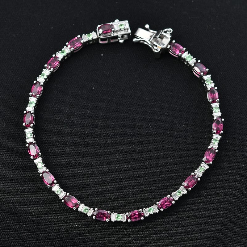 D'Joy Premium Radiant Ember Garnet and Multi Gemstone 6.85 ctw Garden Link Bracelet in Rhodium Over Sterling Silver (7.25 In)
