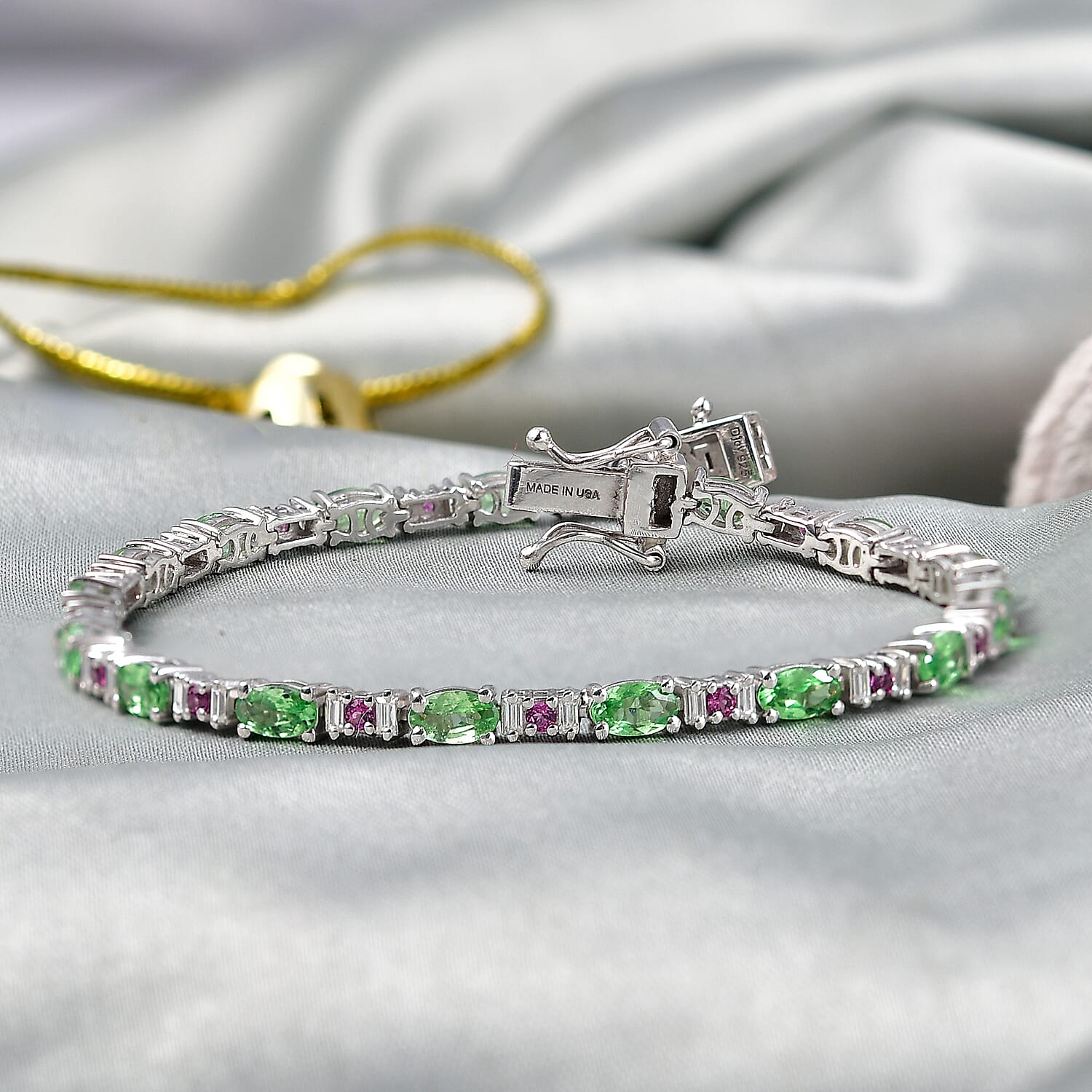 D'Joy Tsavorite Garnet and Multi Gemstone 5.75 ctw Garden Link Bracelet in Rhodium Over Sterling Silver (7.25 In)
