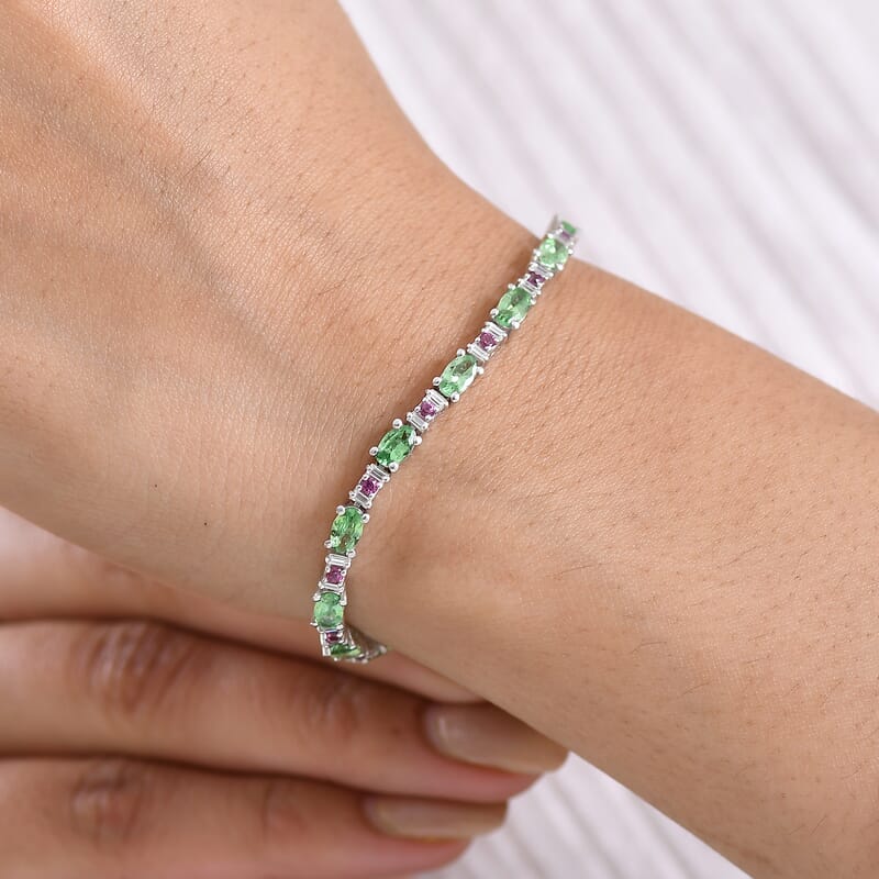 D'Joy Tsavorite Garnet and Multi Gemstone 5.75 ctw Garden Link Bracelet in Rhodium Over Sterling Silver (7.25 In)