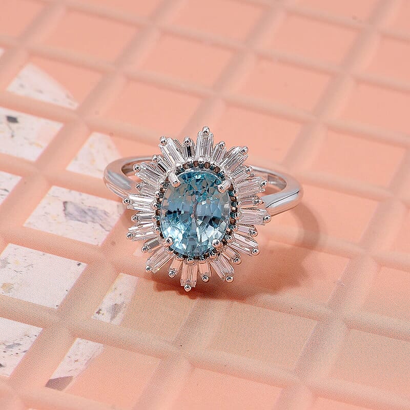 D'Joy Cambodian Blue Zircon, Moissanite Ring in Rhodium Over Sterling Silver 4.50 ctw (Size 10.0)