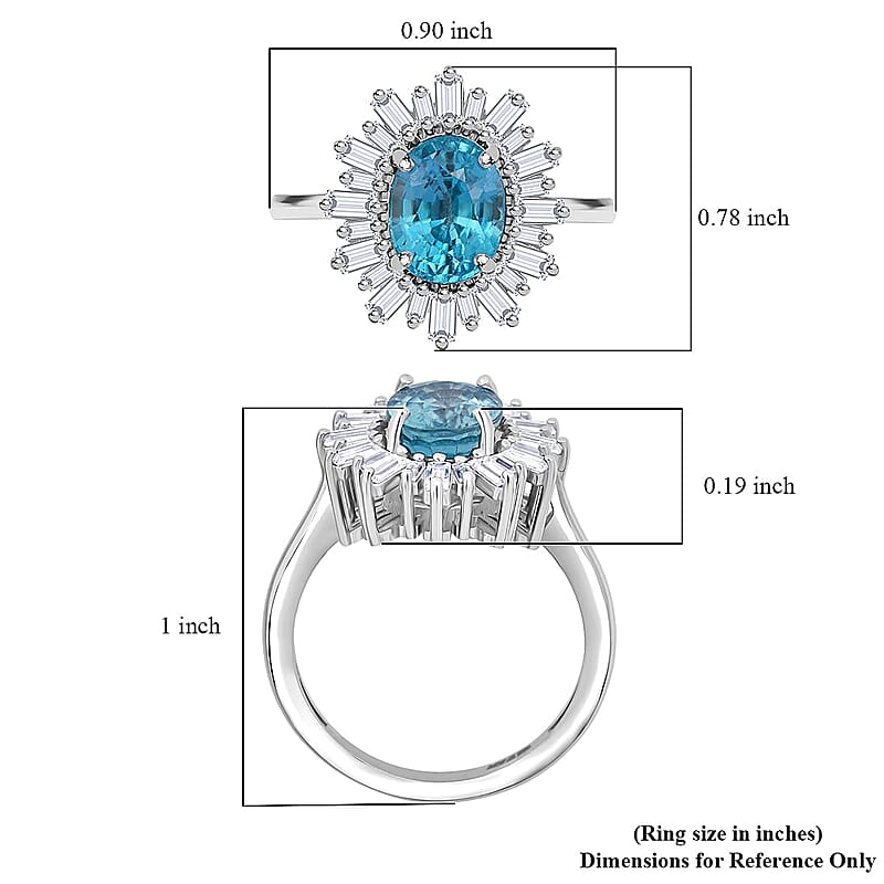 D'Joy Cambodian Blue Zircon, Moissanite Ring in Rhodium Over Sterling Silver 4.50 ctw (Size 10.0)