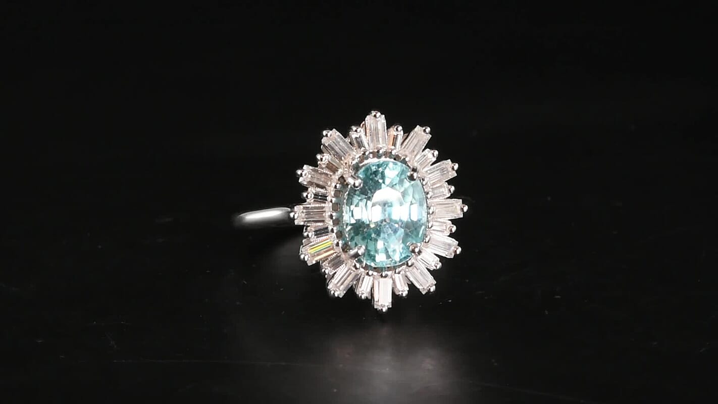 Doorbuster D'Joy Cambodian Blue Zircon, Moissanite Starlight Solstice Ring in Rhodium Over Sterling Silver (Size 10.0) 4.50 ctw
