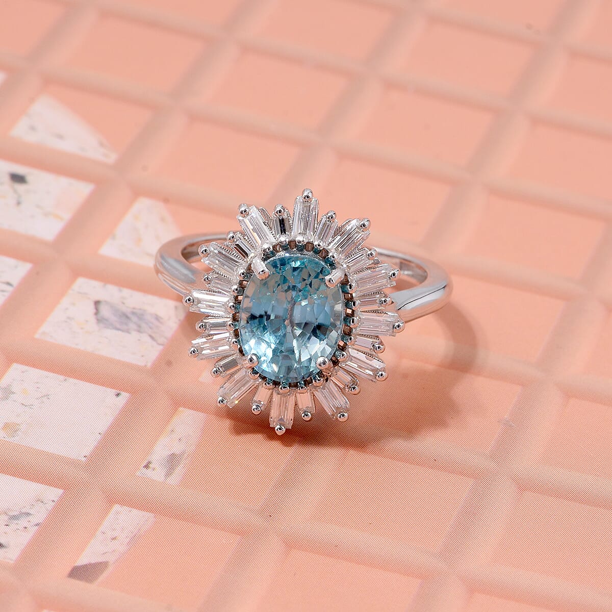 D'Joy Cambodian Blue Zircon, Moissanite Ring in Rhodium Over Sterling Silver 4.50 ctw (Size 6.0) image number 1