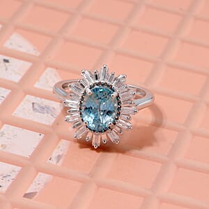 D'Joy Cambodian Blue Zircon, Moissanite Ring in Rhodium Over Sterling Silver 4.50 ctw (Size 6.0)
