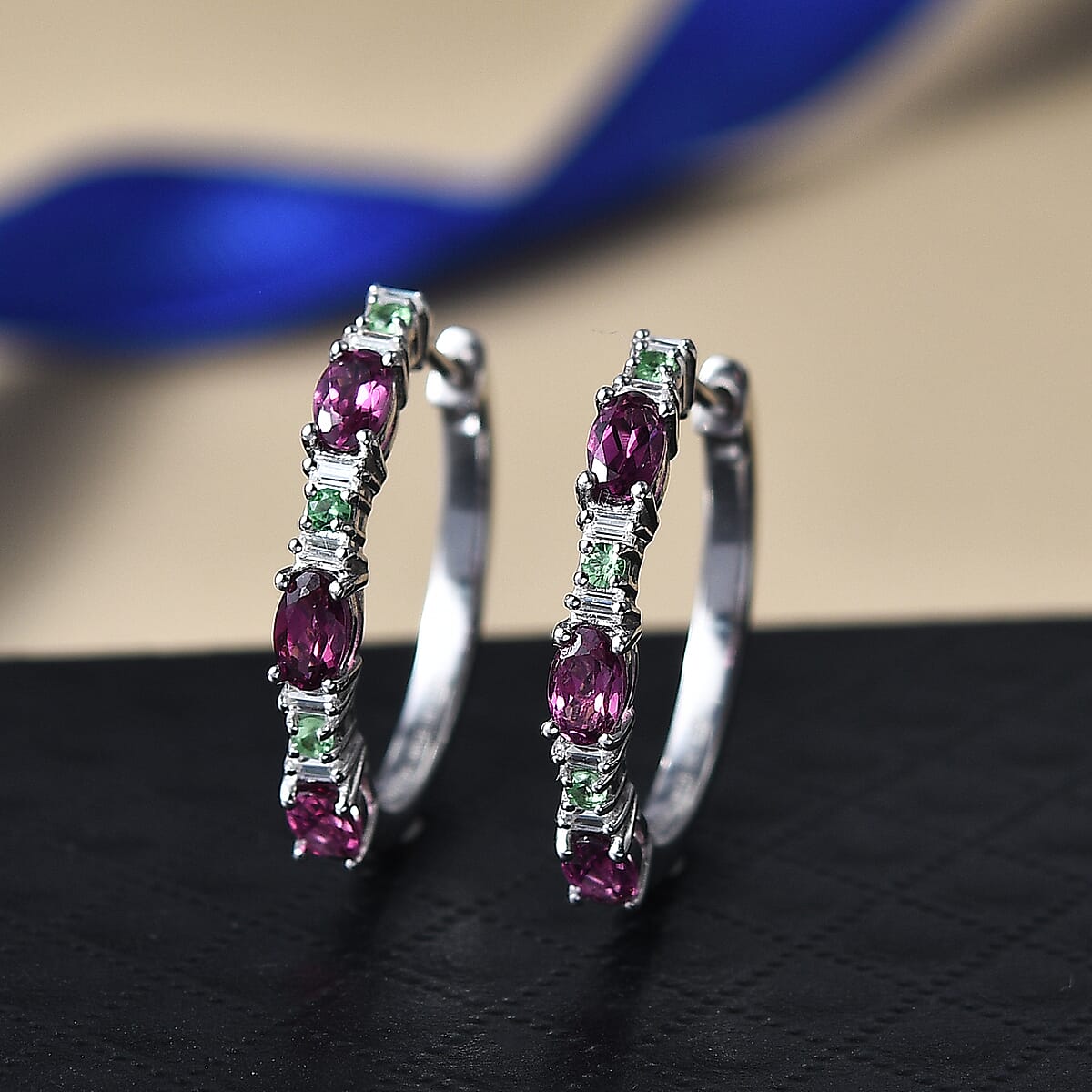 D'Joy Radiant Ember Garnet and Multi Gemstone 2.10 ctw Garden Link Hoop Earrings in Rhodium Over Sterling Silver image number 1
