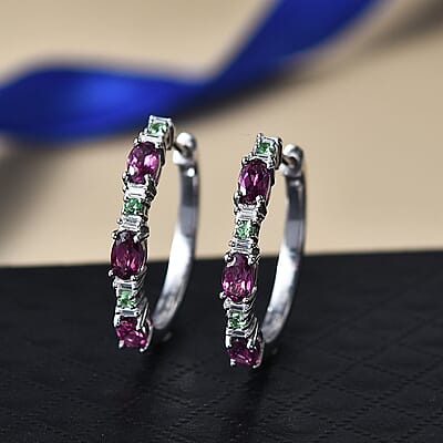 D'Joy Radiant Ember Garnet and Multi Gemstone 2.10 ctw Garden Link Hoop Earrings in Rhodium Over Sterling Silver