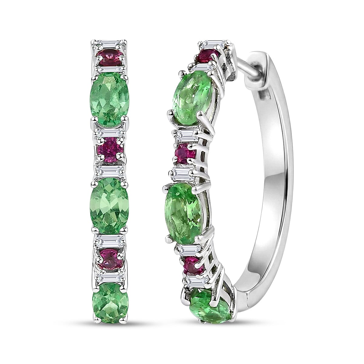 D'Joy Tsavorite Garnet and Multi Gemstone 1.80 ctw Garden Link Hoop Earrings in Rhodium Over Sterling Silver