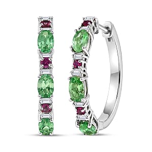D'Joy Tsavorite Garnet and Multi Gemstone 1.80 ctw Hoop Earrings in Rhodium Over Sterling Silver