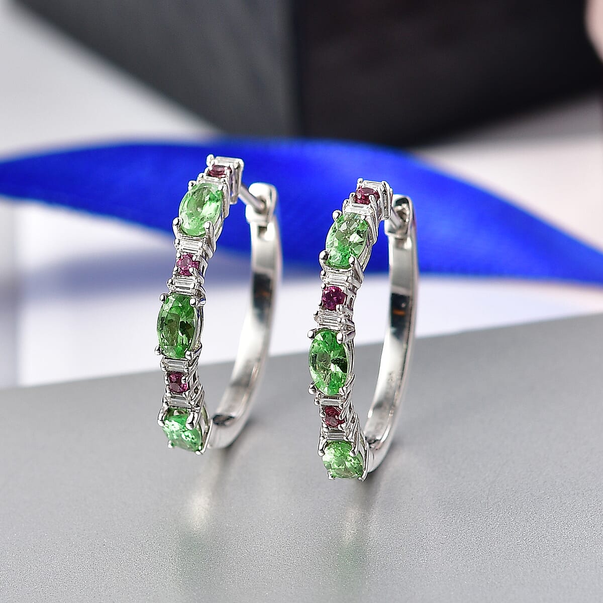 D'Joy Tsavorite Garnet and Multi Gemstone 1.80 ctw Hoop Earrings in Rhodium Over Sterling Silver image number 1