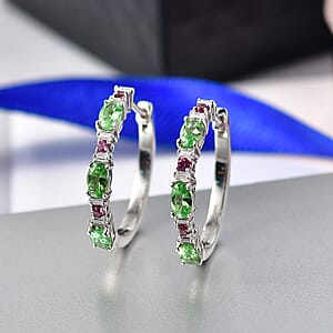 D'Joy Tsavorite Garnet and Multi Gemstone 1.80 ctw Hoop Earrings in Rhodium Over Sterling Silver