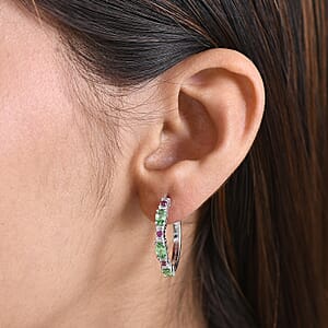 D'Joy Tsavorite Garnet and Multi Gemstone 1.80 ctw Hoop Earrings in Rhodium Over Sterling Silver