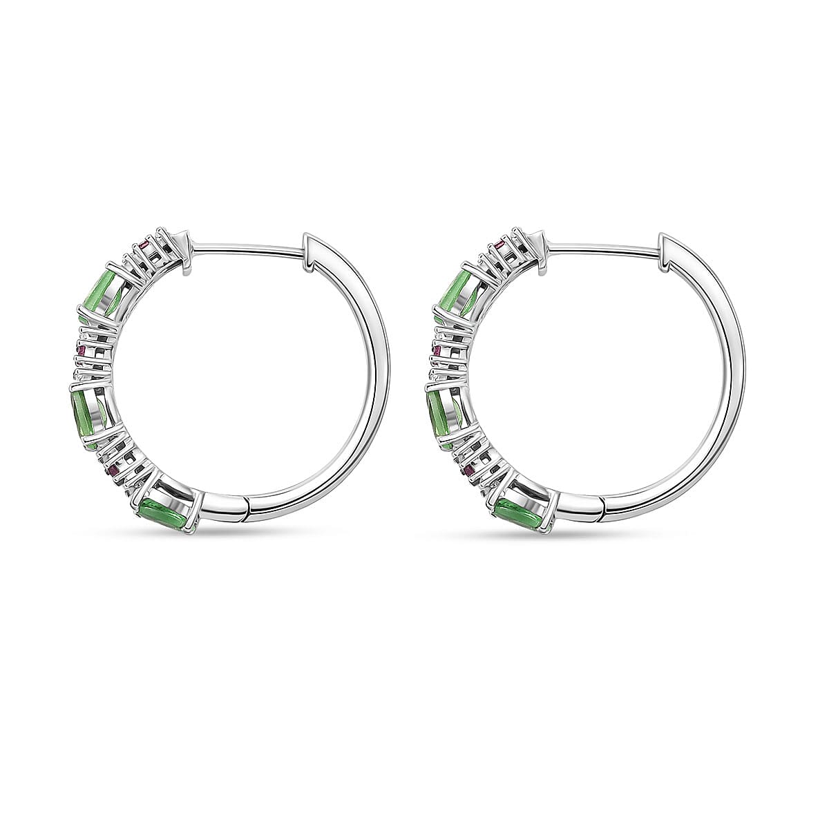 D'Joy Tsavorite Garnet and Multi Gemstone 1.80 ctw Garden Link Hoop Earrings in Rhodium Over Sterling Silver
