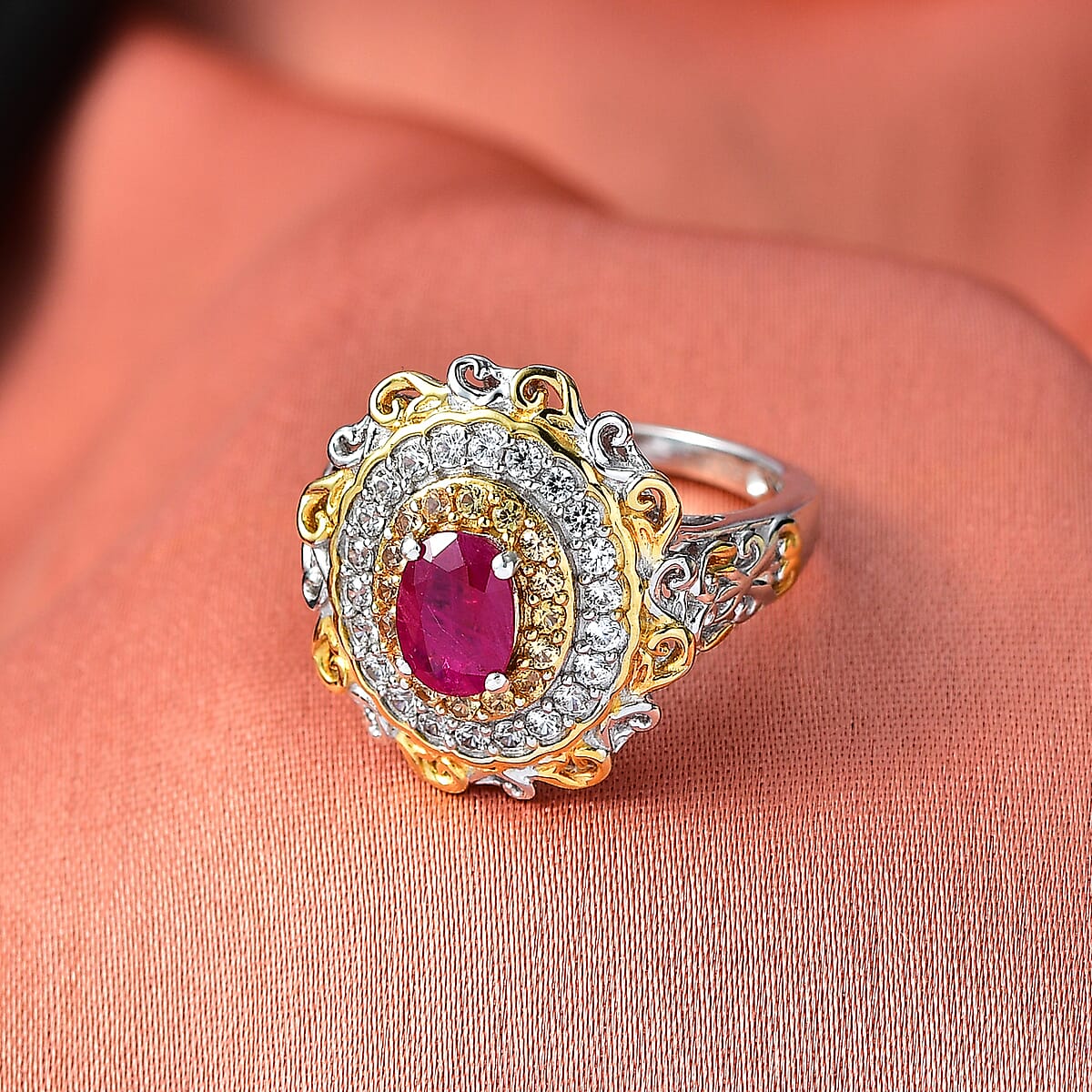 D'Joy Premium Montepuez Ruby and Multi Gemstone 1.70 ctw Victorian Filigree Mirror Ring in 18K Vermeil YG and Rhodium Over Sterling Silver (Size 10.0) image number 1