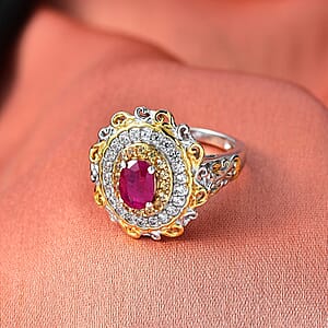 D'Joy Premium Montepuez Ruby and Multi Gemstone 1.70 ctw Victorian Filigree Mirror Ring in 18K Vermeil YG and Rhodium Over Sterling Silver (Size 10.0)
