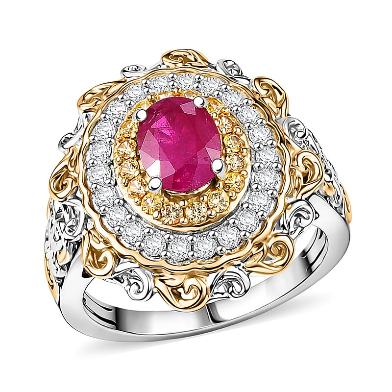 D'Joy Premium Montepuez Ruby and Multi Gemstone 1.70 ctw Victorian Filigree Mirror Ring in 18K Vermeil YG and Rhodium Over Sterling Silver (Size 5.0)