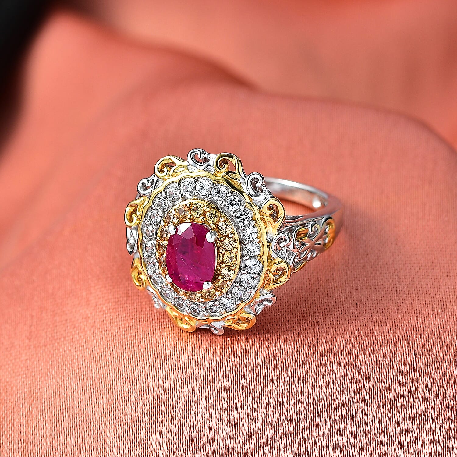 D'Joy Premium Montepuez Ruby and Multi Gemstone 1.70 ctw Victorian Filigree Mirror Ring in 18K Vermeil YG and Rhodium Over Sterling Silver (Size 5.0)