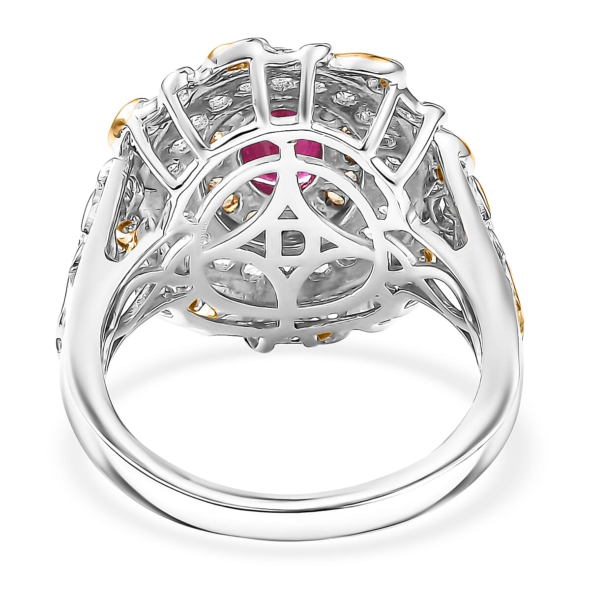 D'Joy Premium Montepuez Ruby and Multi Gemstone 1.70 ctw Victorian Filigree Mirror Ring in 18K Vermeil YG and Rhodium Over Sterling Silver (Size 5.0)