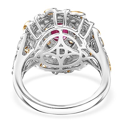 D'Joy Premium Montepuez Ruby and Multi Gemstone 1.70 ctw Victorian Filigree Mirror Ring in 18K Vermeil YG and Rhodium Over Sterling Silver (Size 5.0)