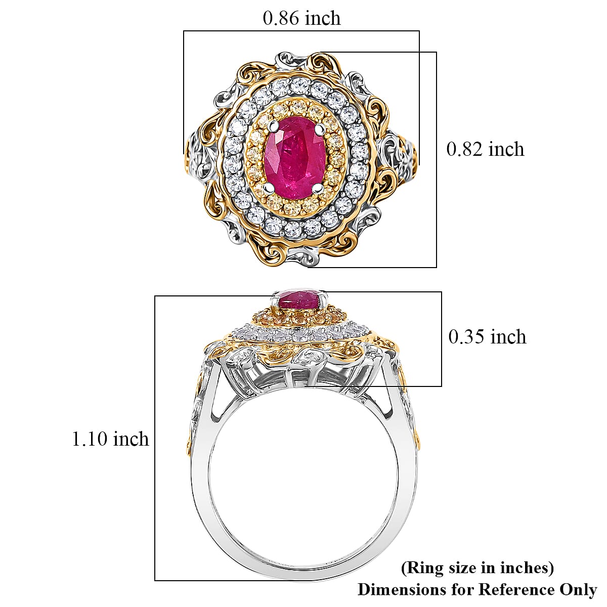 D'Joy Premium Montepuez Ruby and Multi Gemstone 1.70 ctw Victorian Filigree Mirror Ring in 18K Vermeil YG and Rhodium Over Sterling Silver (Size 5.0)