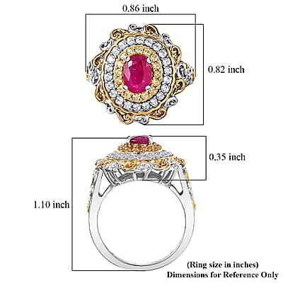 D'Joy Premium Montepuez Ruby and Multi Gemstone 1.70 ctw Victorian Filigree Mirror Ring in 18K Vermeil YG and Rhodium Over Sterling Silver (Size 5.0)