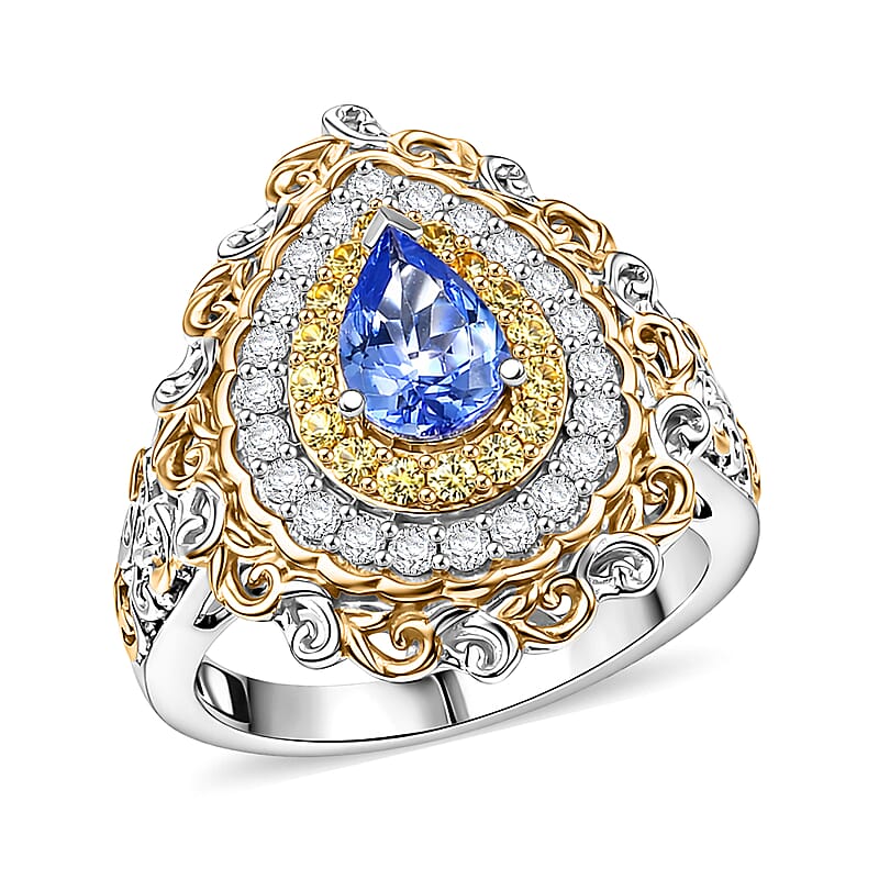 D'Joy Premium Tanzanite and Multi Gemstone 1.40 ctw Victorian Filigree Mirror Ring in 18K Vermeil YG and Rhodium Over Sterling Silver (Size 5.0)