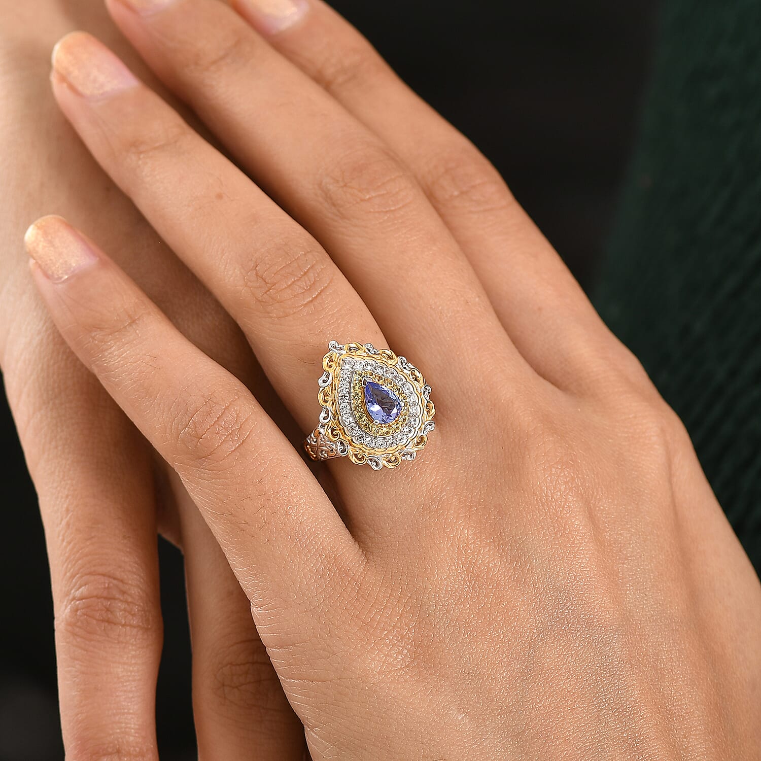 D'Joy Premium Tanzanite and Multi Gemstone 1.40 ctw Victorian Filigree Mirror Ring in 18K Vermeil YG and Rhodium Over Sterling Silver (Size 5.0)