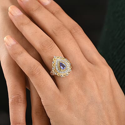 D'Joy Premium Tanzanite and Multi Gemstone 1.40 ctw Victorian Filigree Mirror Ring in 18K Vermeil YG and Rhodium Over Sterling Silver (Size 5.0)